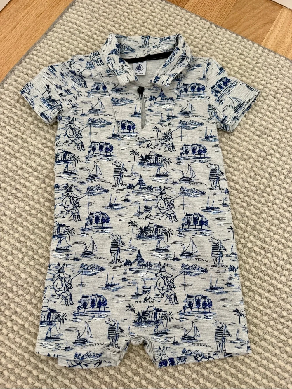 Petit Bateau Blue, Gray and White Nautical Print Short-Sleeved Romper 18 months